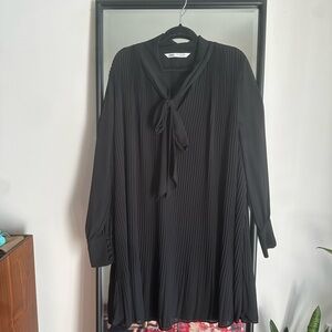 Zara — Black Pleated Dress with Oversized Bow tie — Small